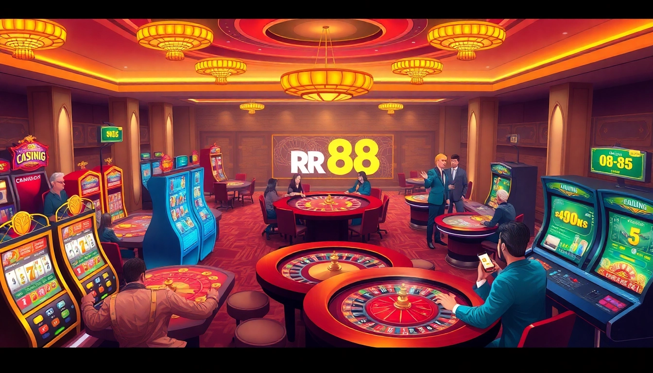 Experience the thrill of rr 88 as players engage with vibrant slot machines and casino tables.