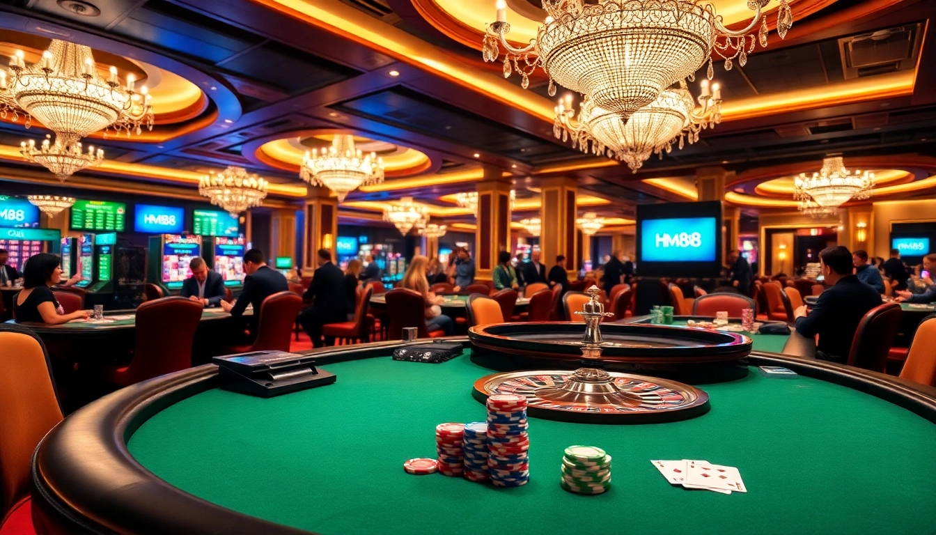 Experience high-stakes action at hm88's elegant poker table, surrounded by vibrant casino atmosphere.