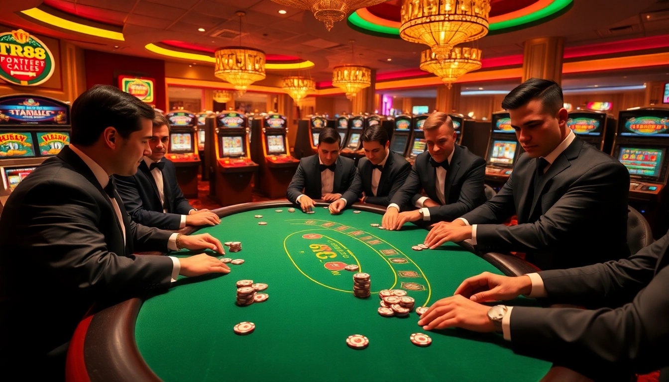 Engage in a thrilling TR88 poker game at a luxurious casino table filled with excitement.
