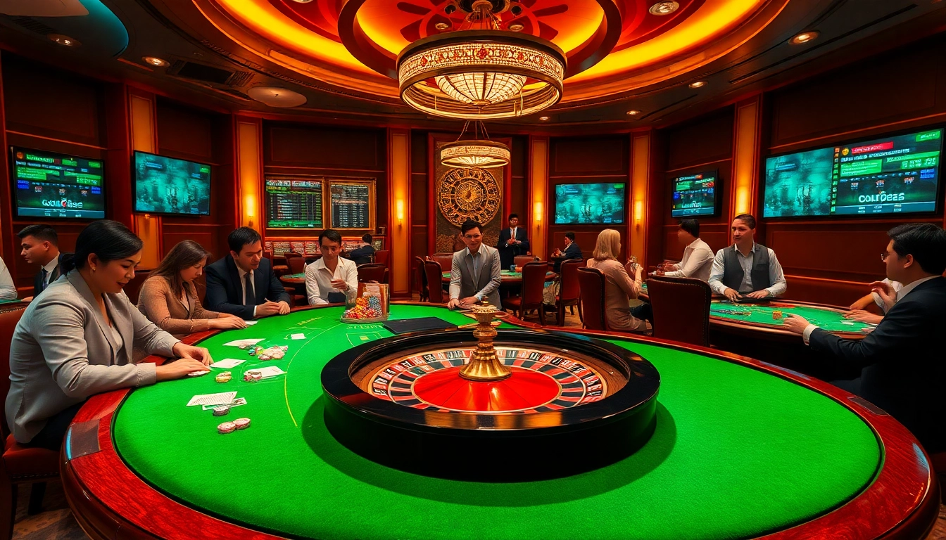 Experience thrilling gameplay with g88 poker chips on a luxurious casino table surrounded by enthusiastic players.