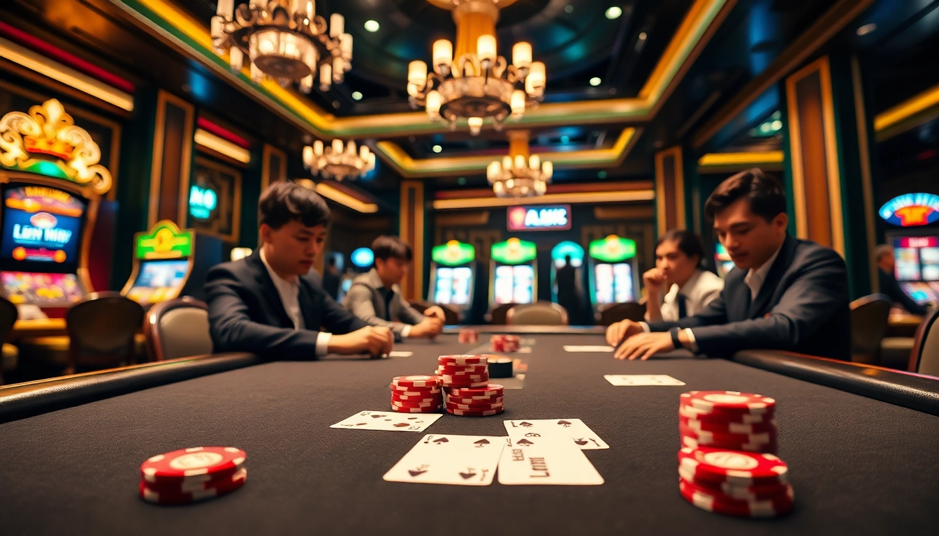 Exciting poker game scene featuring Liên Minh KJC on betting slips with glamorous casino decor.