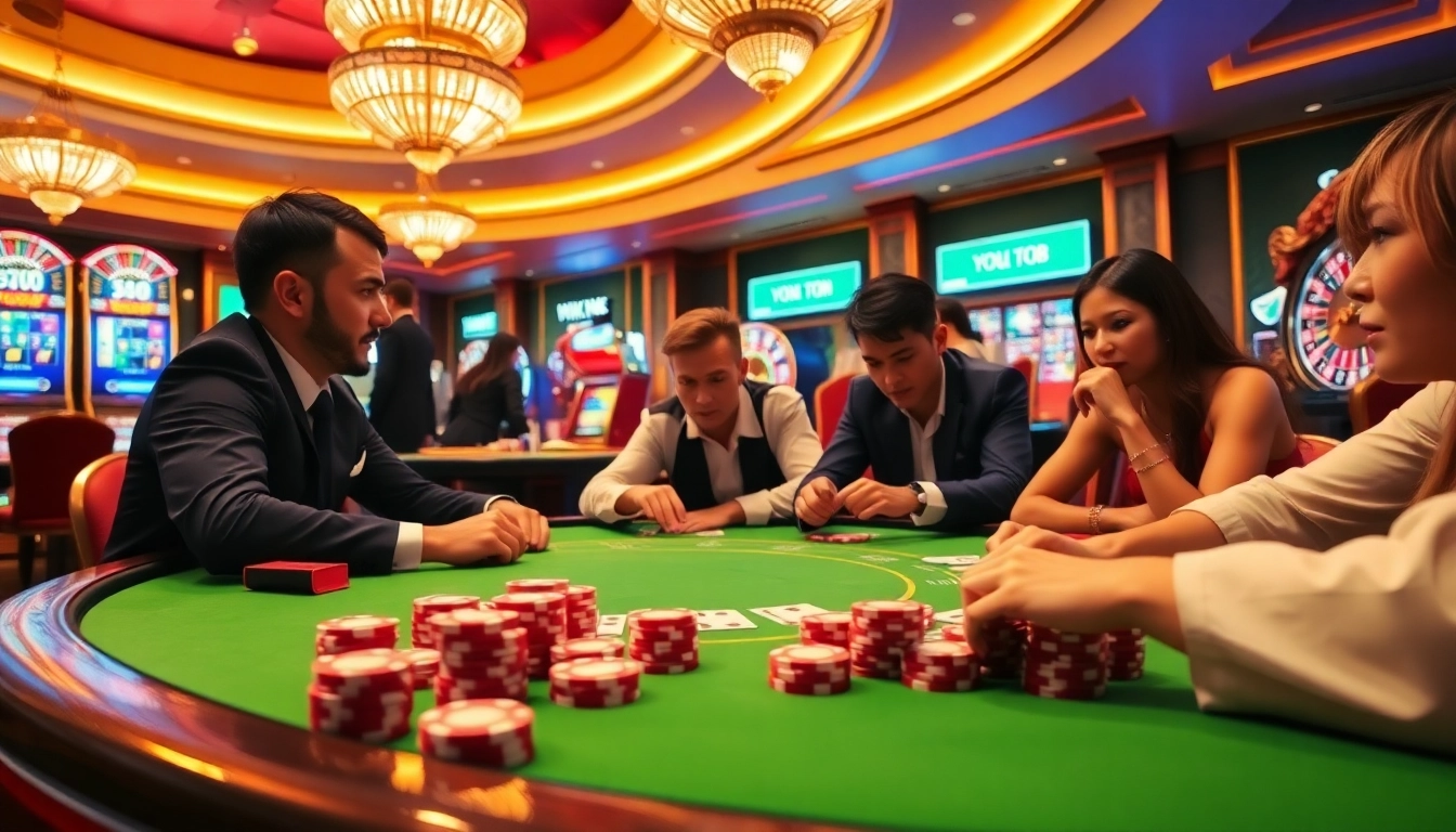 Engaged players enjoying a vibrant casino scene with xx88-themed gaming tables.