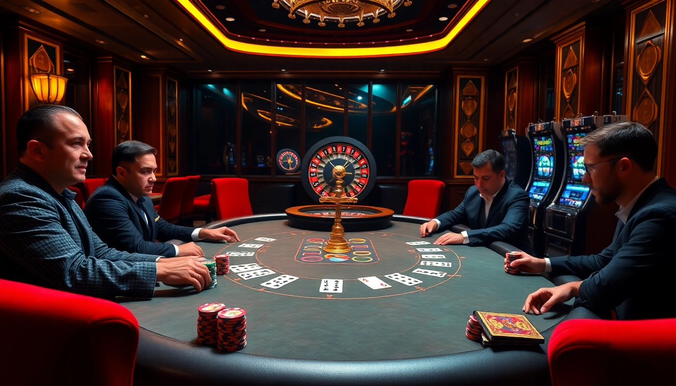 Players engage passionately at a poker table in a sophisticated casino setup at https://bl555.design/ as the roulette wheel spins.