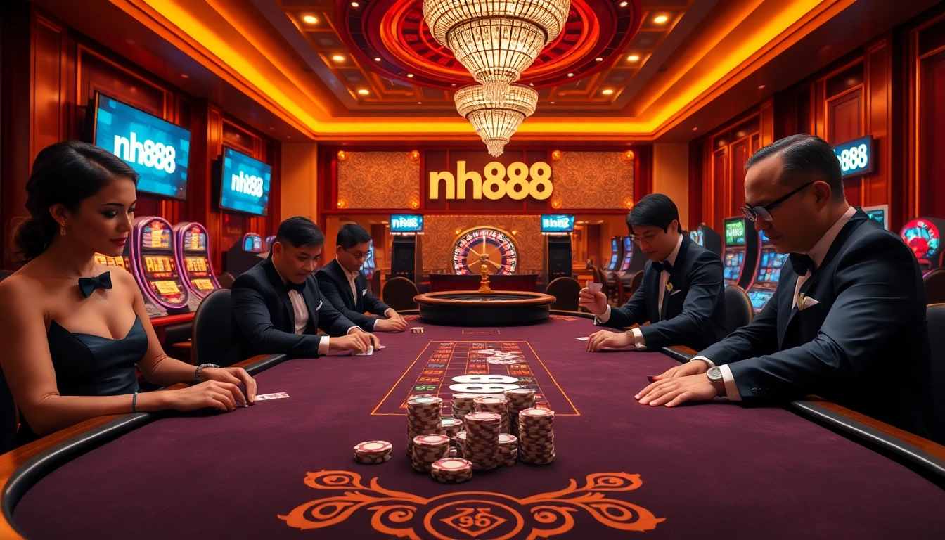 Experience the excitement of gambling with nh88 at a luxury casino featuring poker tables and vibrant slot machines.