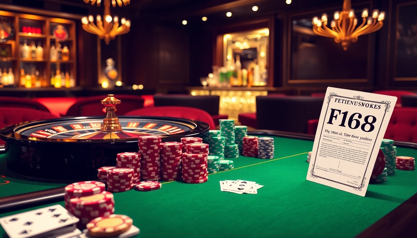 Experience excitement at F168 with vibrant poker chips and a roulette wheel in a luxurious casino setting.