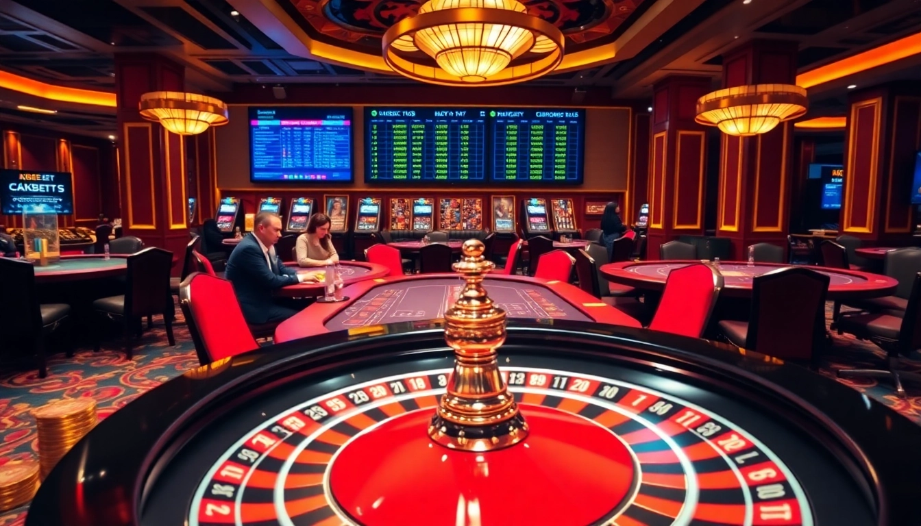 KBBET players engaging in high-stakes poker with glimmering chips and a spinning roulette wheel.