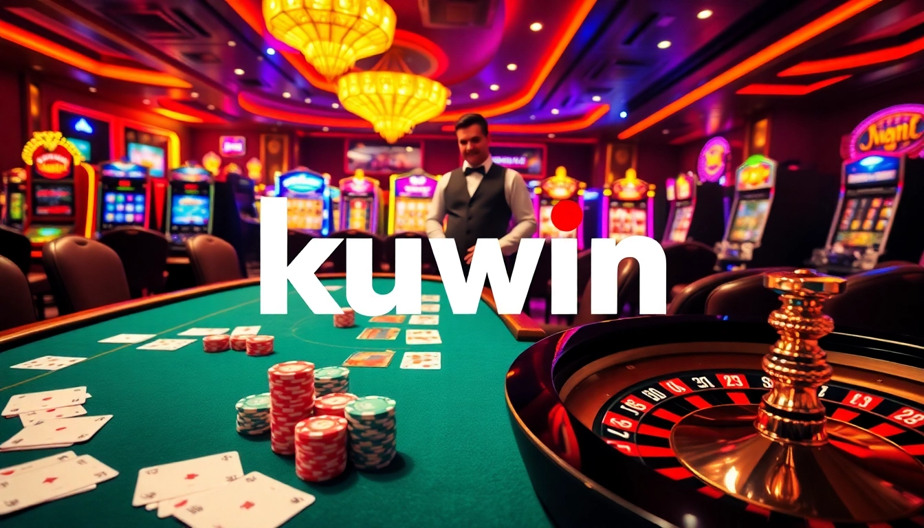 Kuwin casino excitement with a dealer, poker chips, and a roulette wheel.