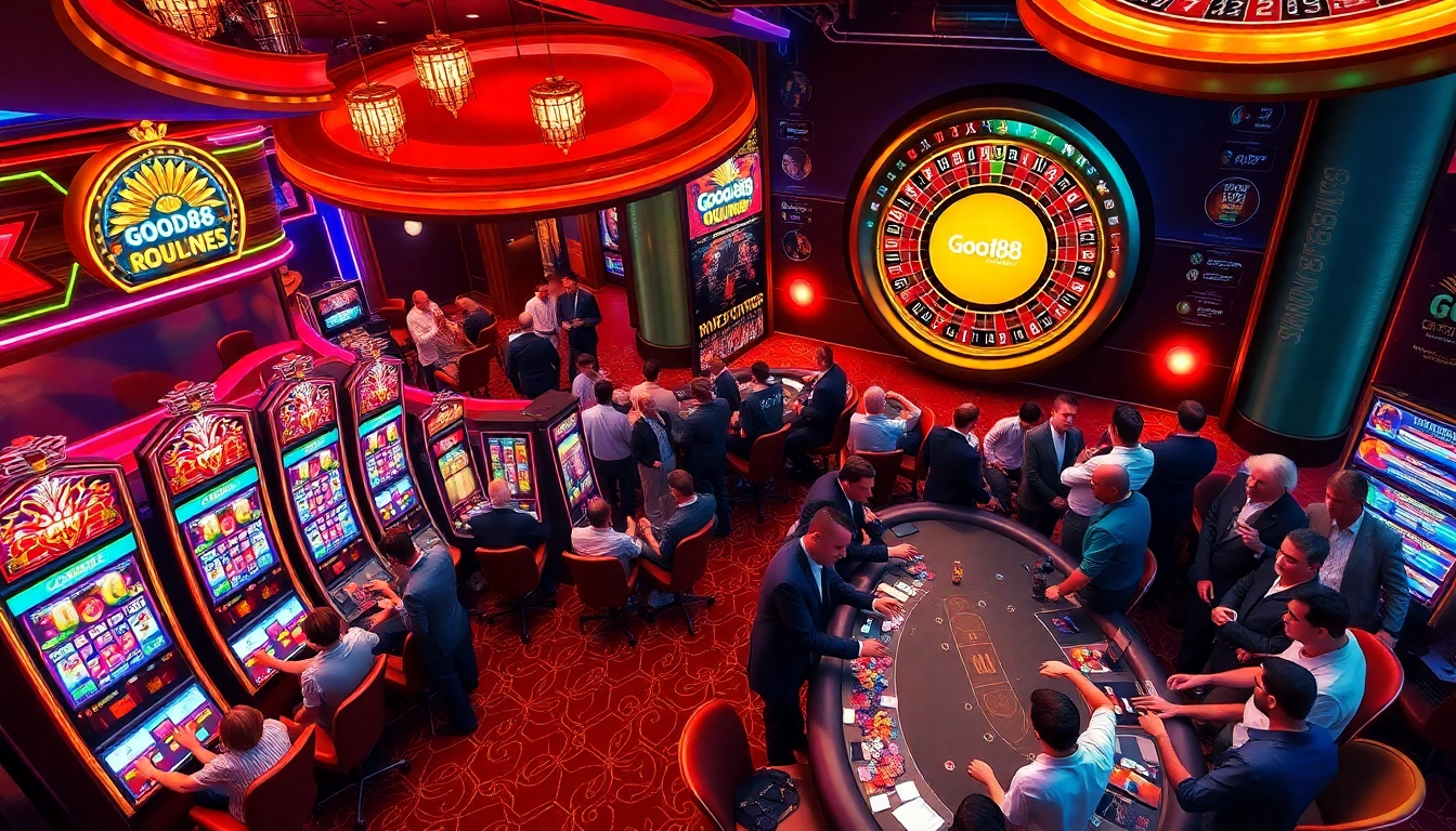 Gamblers enjoying the vibrant atmosphere of Good88 casino with lively slot machines and poker tables.
