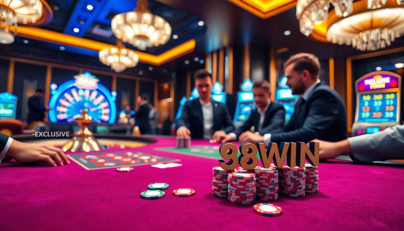 Players enjoying an exciting poker game at a high-stakes table featuring 98WIN branded poker chips.