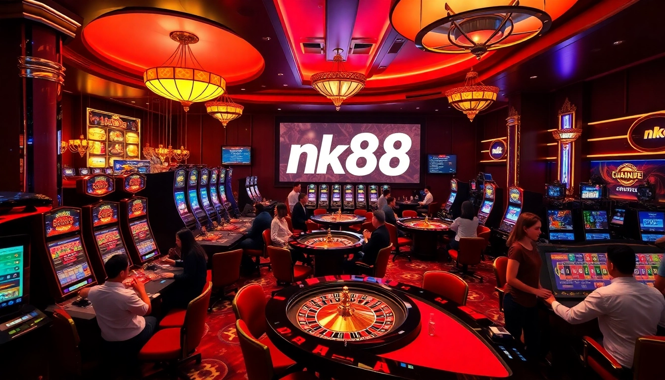 Players enjoying exciting games at nk88 casino with vibrant decor and luxury elements.