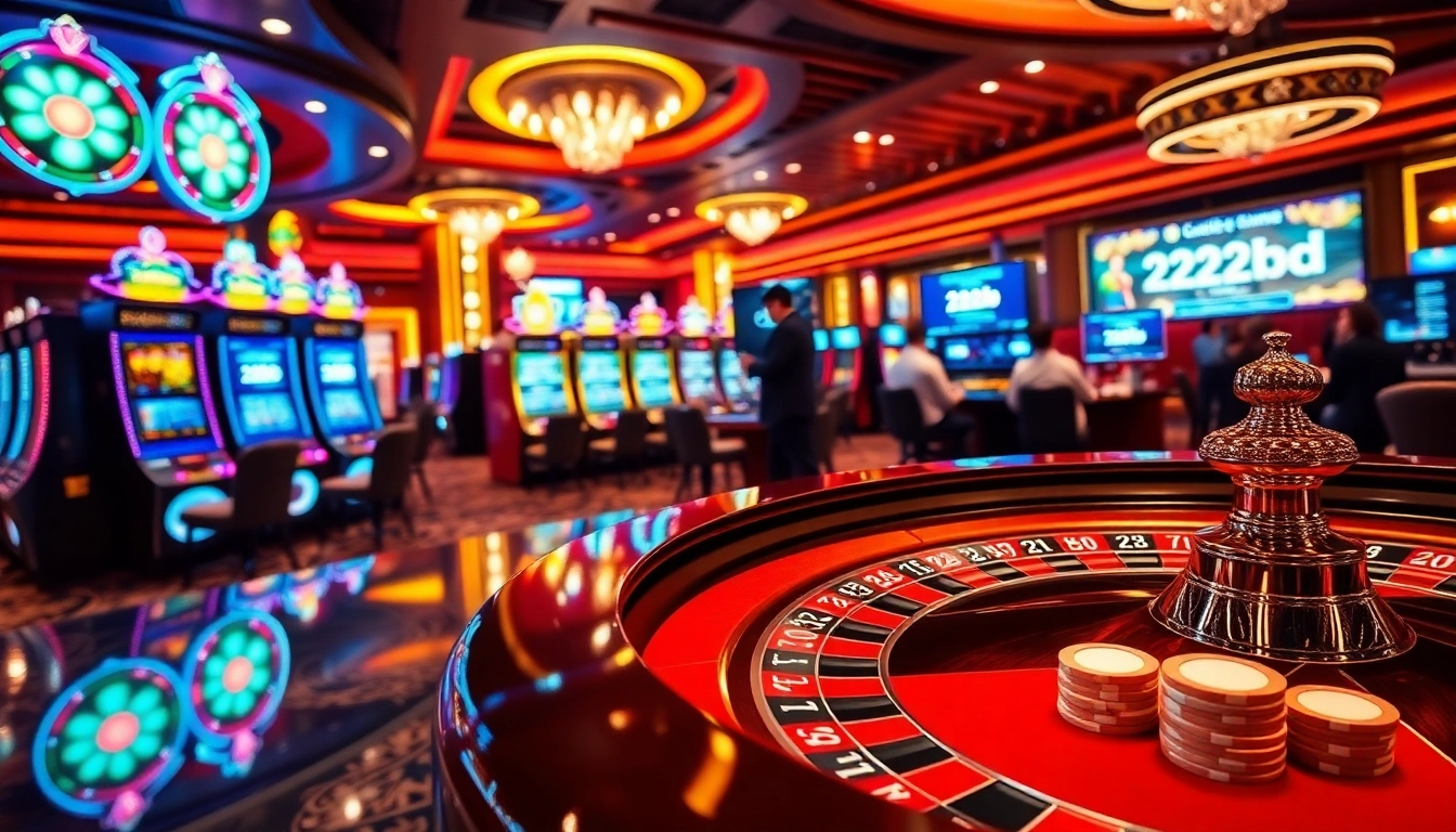 Experience thrilling gameplay at 222bd with immersive casino visuals featuring slot machines and poker tables.