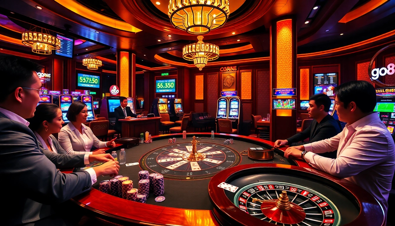 Players enjoying an exciting poker game at a go88 casino table with vibrant chips and cards.