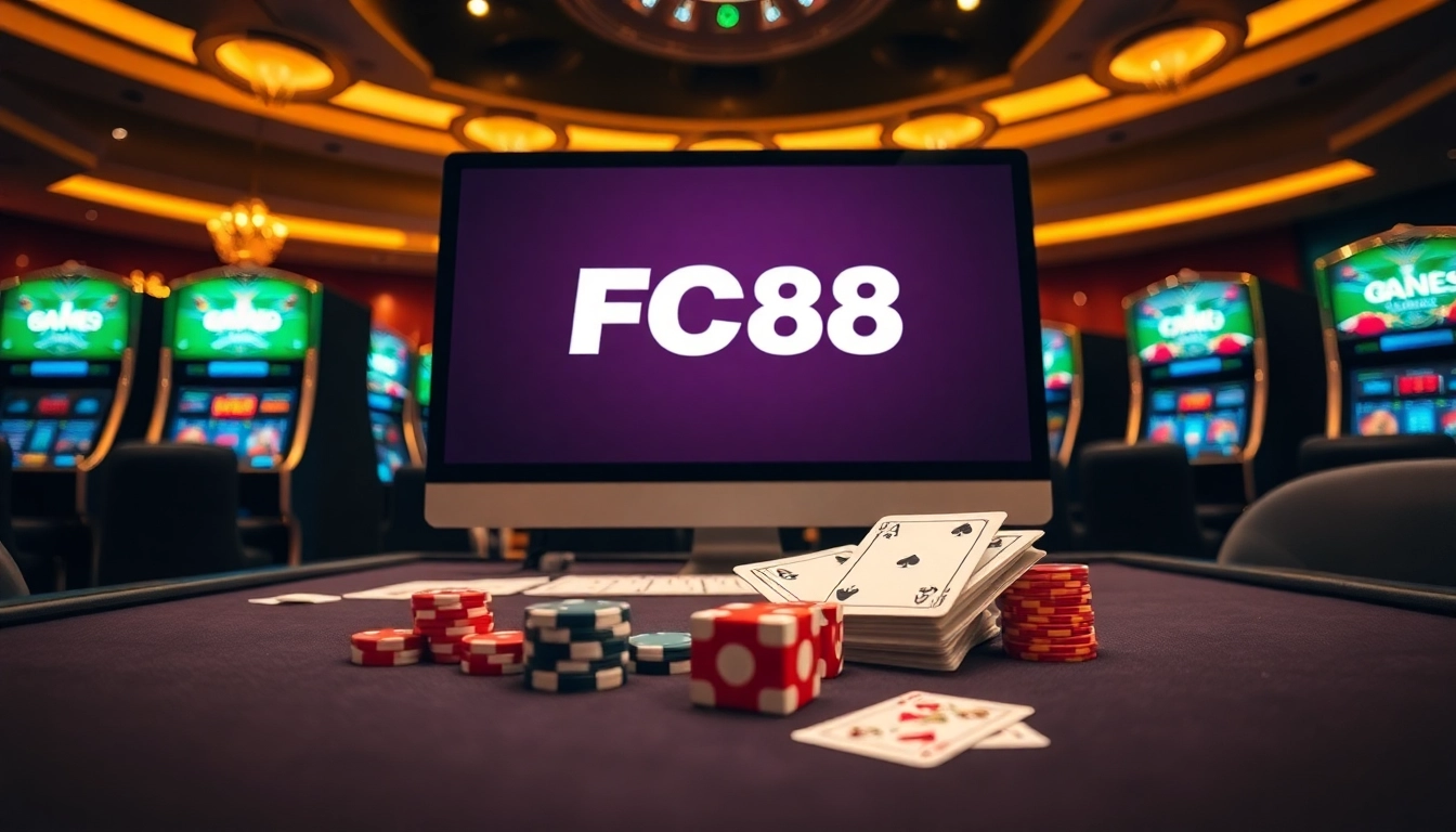 Engaging online casino scene showcasing FC88 logo with vibrant gambling elements.