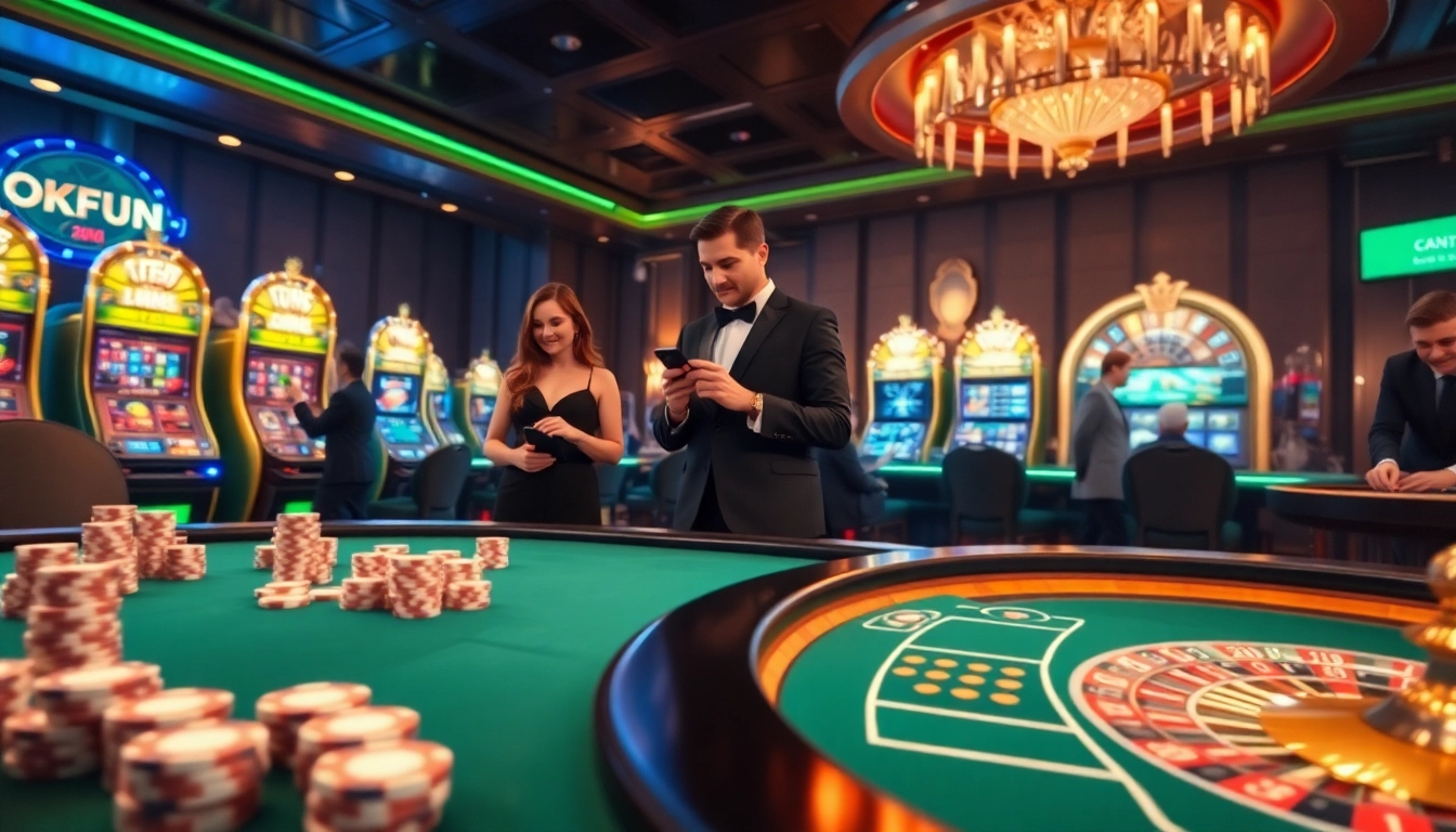 Experience thrilling online gambling at okfun with vibrant casino visuals of poker and slots.
