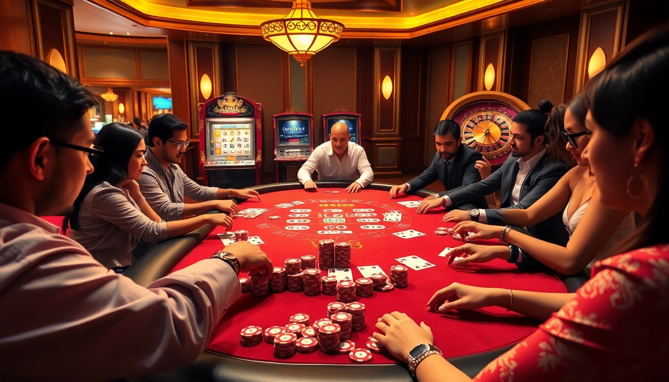W88 casino scene featuring excited players at a poker table with vibrant chips and cards.