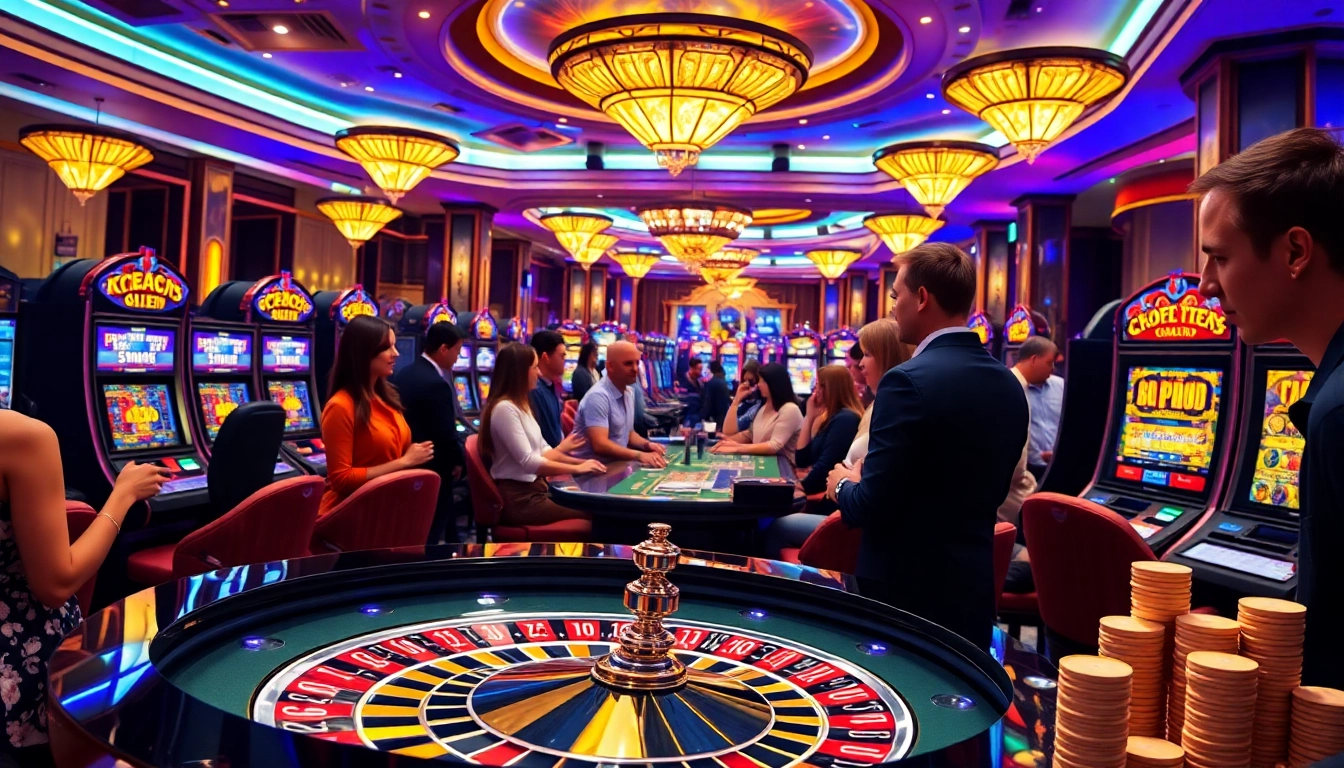 KJC gamblers strategizing at a luxury casino, surrounded by roulette and slot machines.