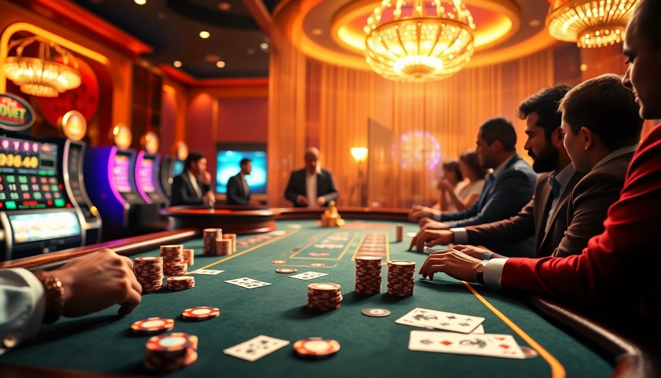 Engaged players at s666 casino poker table with vibrant cards, chips, and roulette wheel.