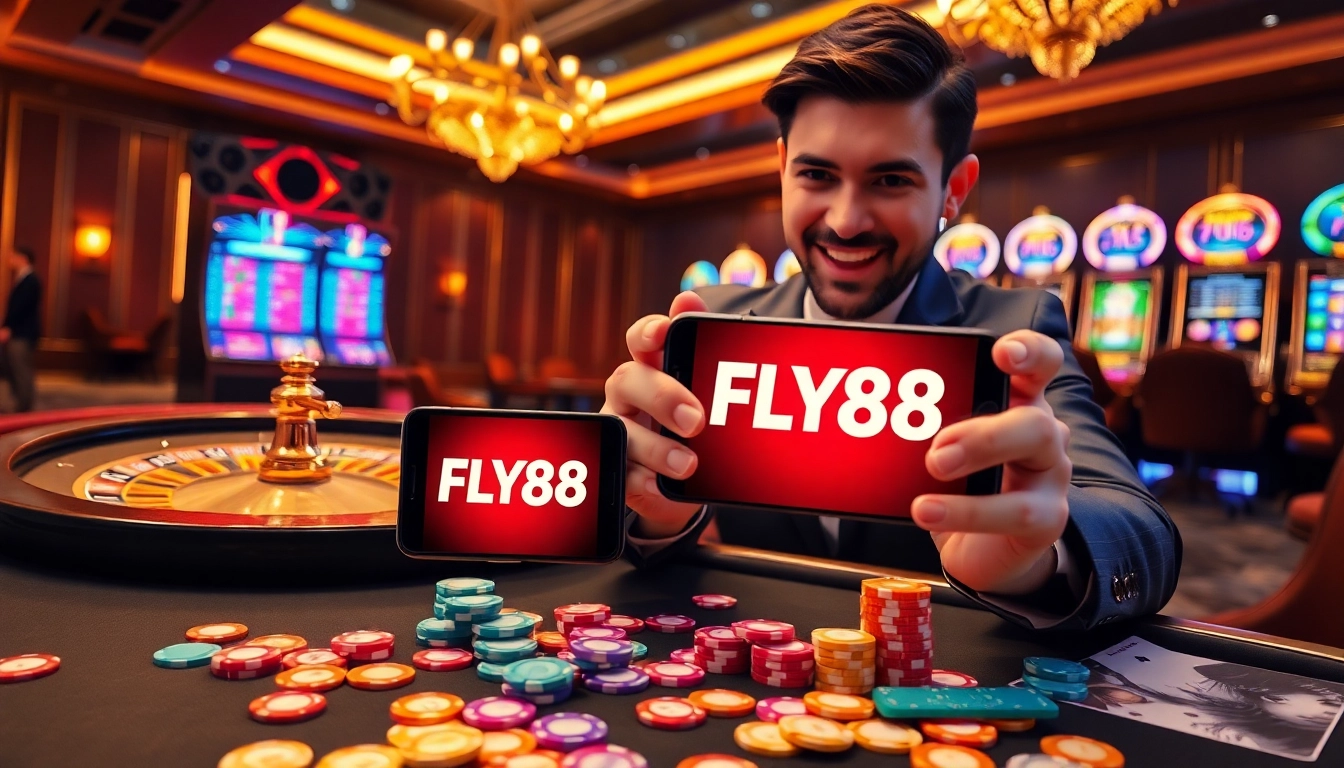 Engaging player using FLY88 App amidst a vibrant casino setting with roulette and cards.
