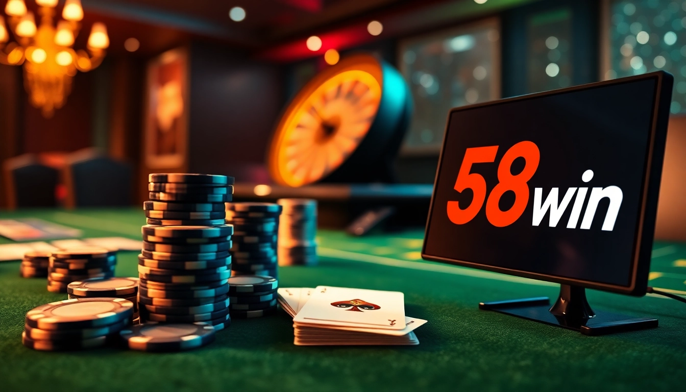 Exciting casino table setup at 58win showcasing luxurious poker chips and cards.