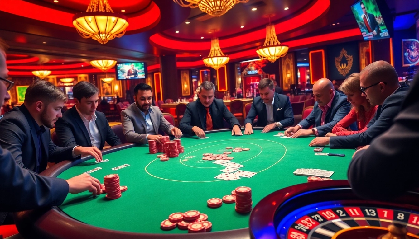 Players enjoying an exciting poker game at UU88, showcasing a vibrant casino atmosphere.