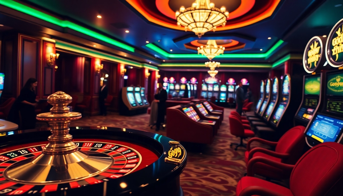 Exciting gamblers placing bets with Go99 at a luxurious casino table featuring poker chips and a roulette wheel.