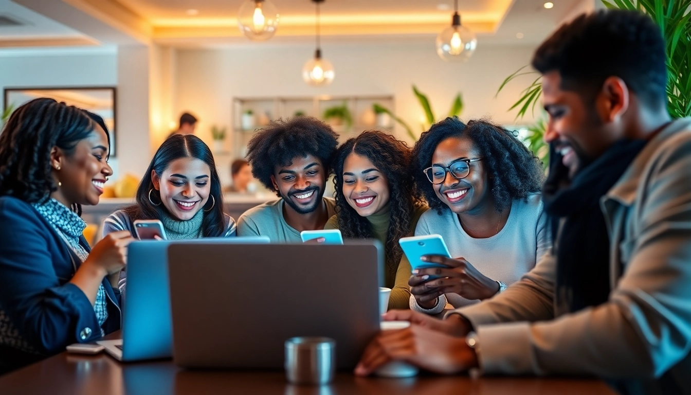 Individuals engaging with the OKFUN COM dating platform in a cozy café setting.