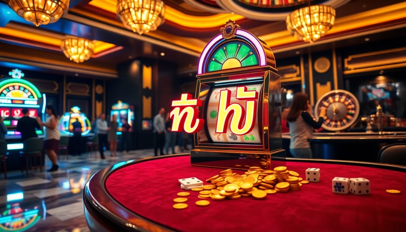 Nổ hũ slot machine attracting players in a luxurious casino environment with vibrant colors.