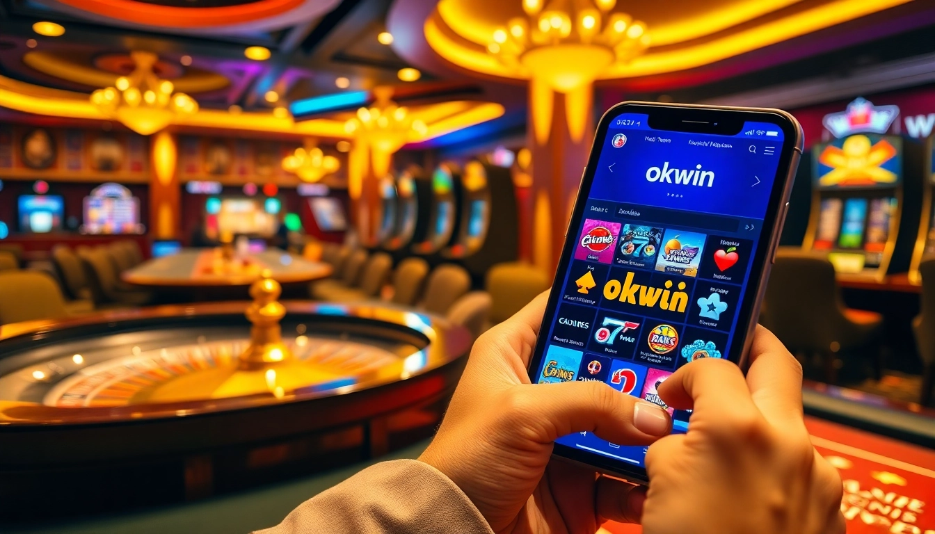 Exciting casino scene showcasing okwin with roulette, poker, and mobile gambling.