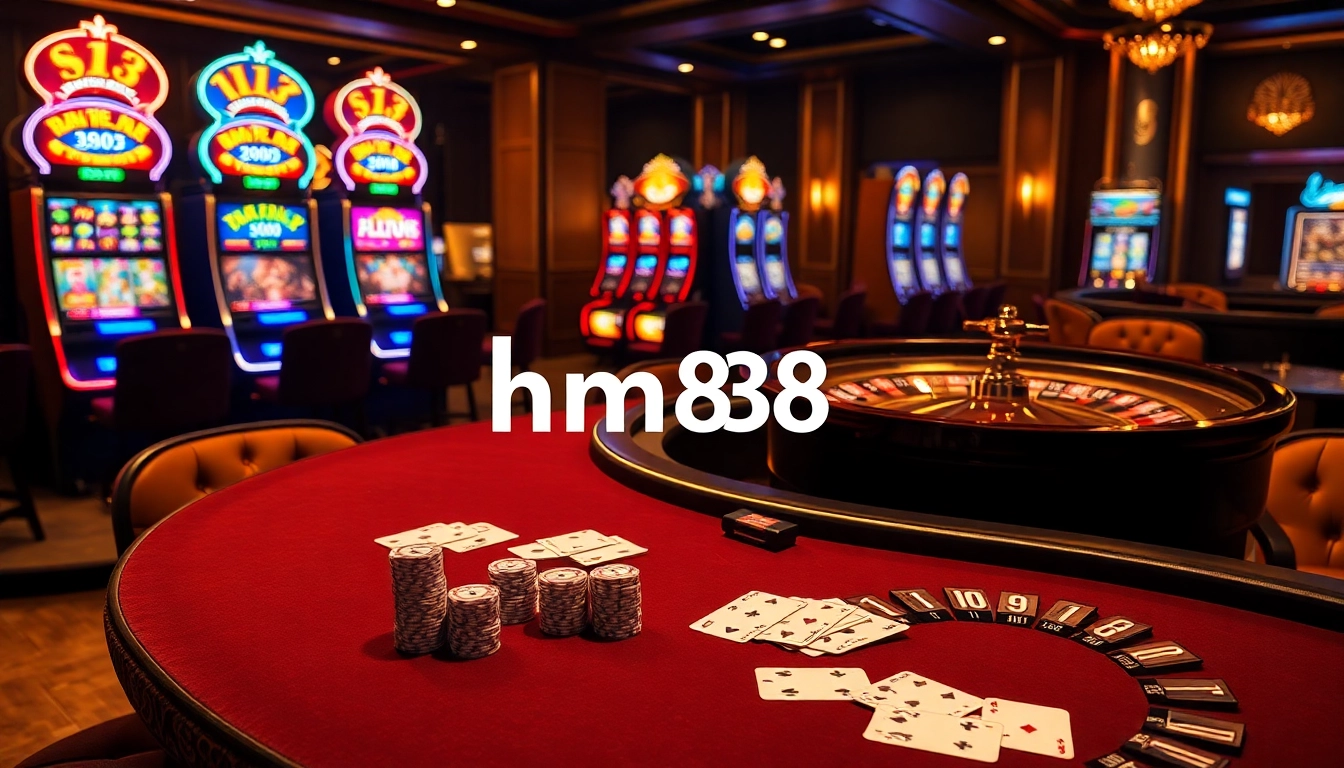 Experience the excitement of hm88 at a luxurious casino with poker chips, cards, and roulette wheel.