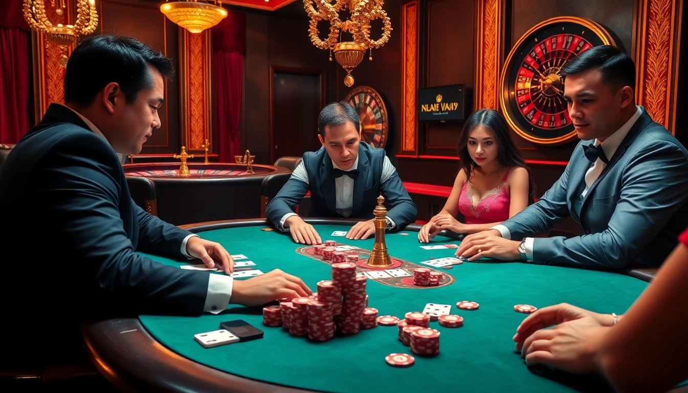 Engaging high-stakes poker game scene at Nhà cái Vuabai9 with focused players and luxury chips.
