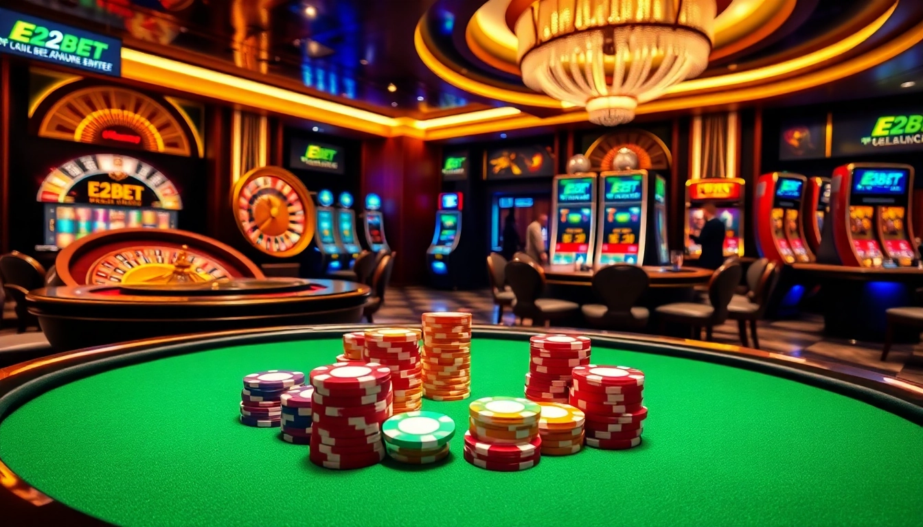 E2BET players enjoying high-stakes poker and roulette in a vibrant casino atmosphere.