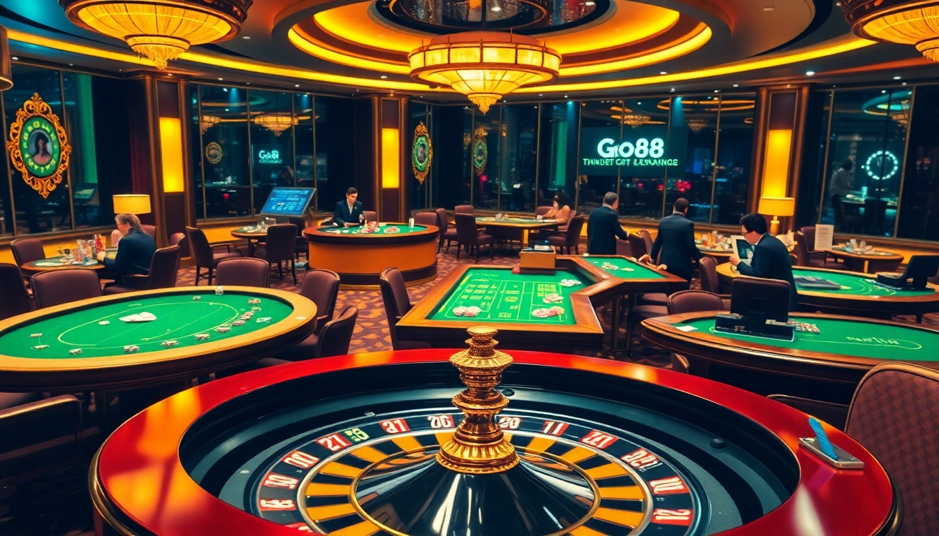 Experience the excitement of go88 with vibrant casino games featuring poker chips, cards, and roulette.