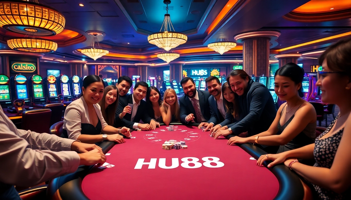 Exciting casino scene featuring HU88 branding on a vibrant gaming table with players celebrating wins.