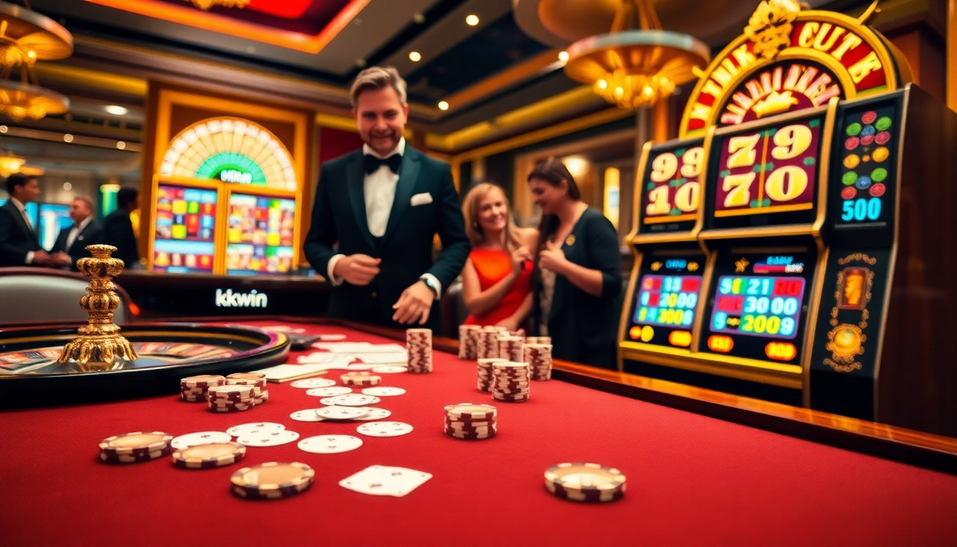 Experience the excitement of kkwin with vibrant casino elements like poker chips and a roulette wheel.
