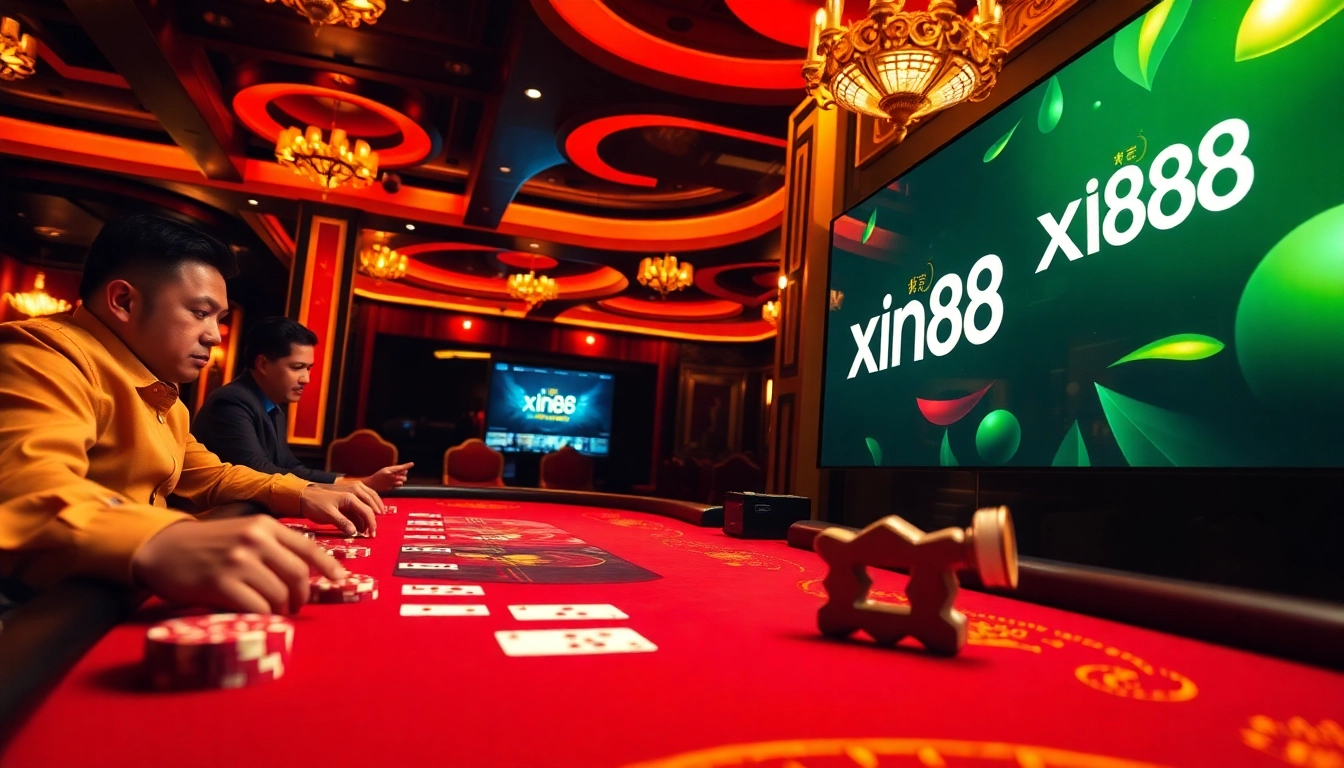 Exciting gambling scene at xin88 casino with vibrant poker chips and cards.