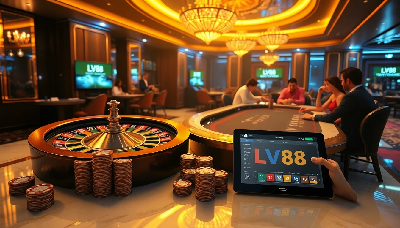 Experience thrilling poker action at LV88's luxurious casino, featuring vibrant poker chips and a roulette wheel.