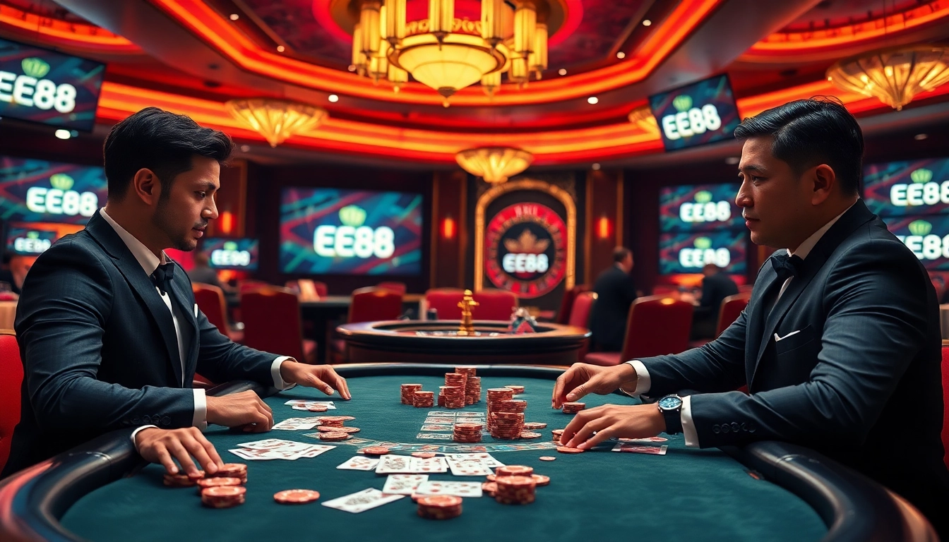 Players enjoying a high-stakes poker game featuring EE88 branding in a vibrant casino atmosphere.