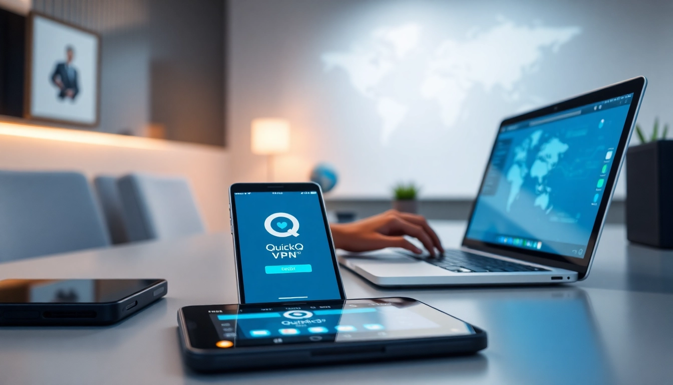 现代工作区笔记本电脑上的 QuickQ下载，展示无缝的数字连接。