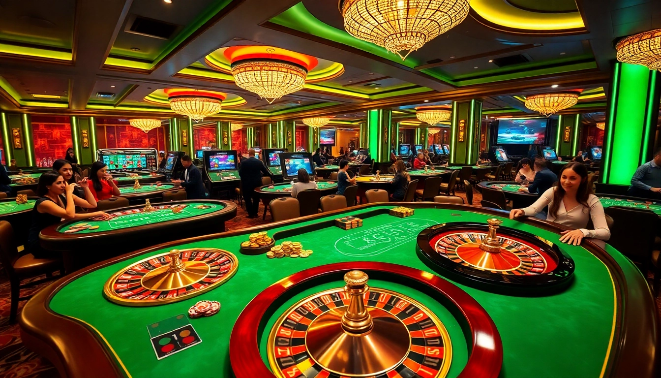 Players enjoy a thrilling KK55 casino experience with vibrant games and luxurious ambiance.