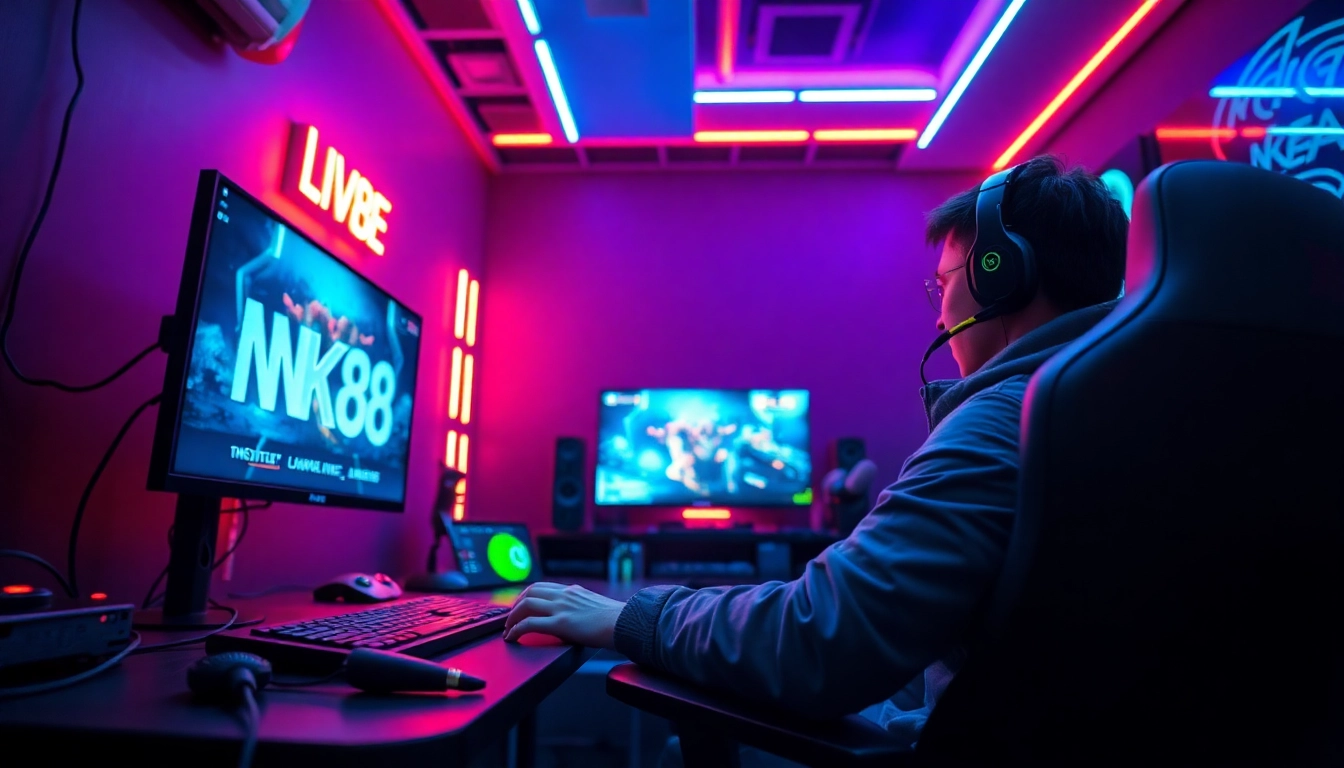 Dynamic gaming scene highlighting NK88 with a gamer at a high-tech setup.