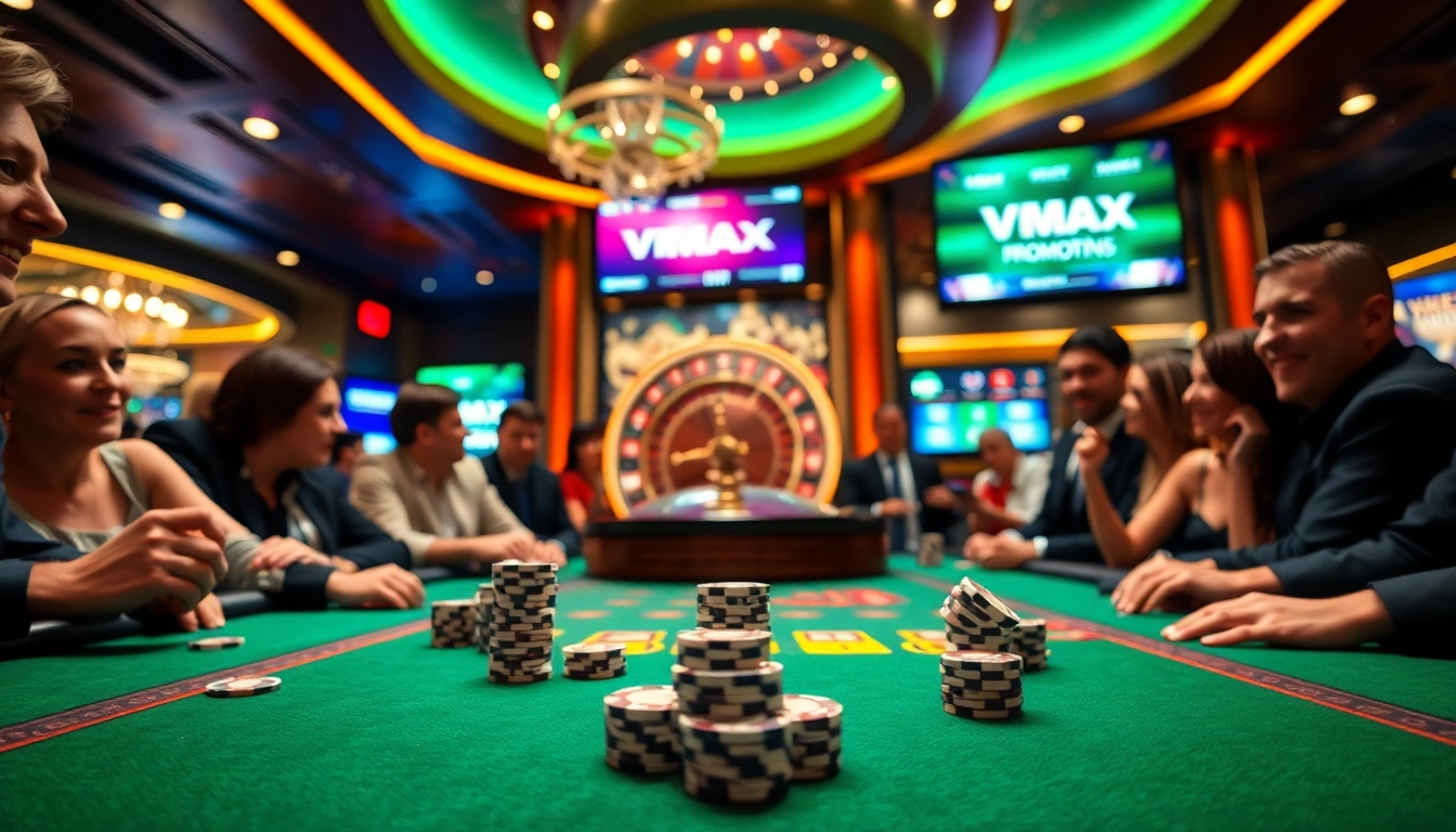 VMAX players enthusiastically engage at a luxurious poker table in a vibrant casino.