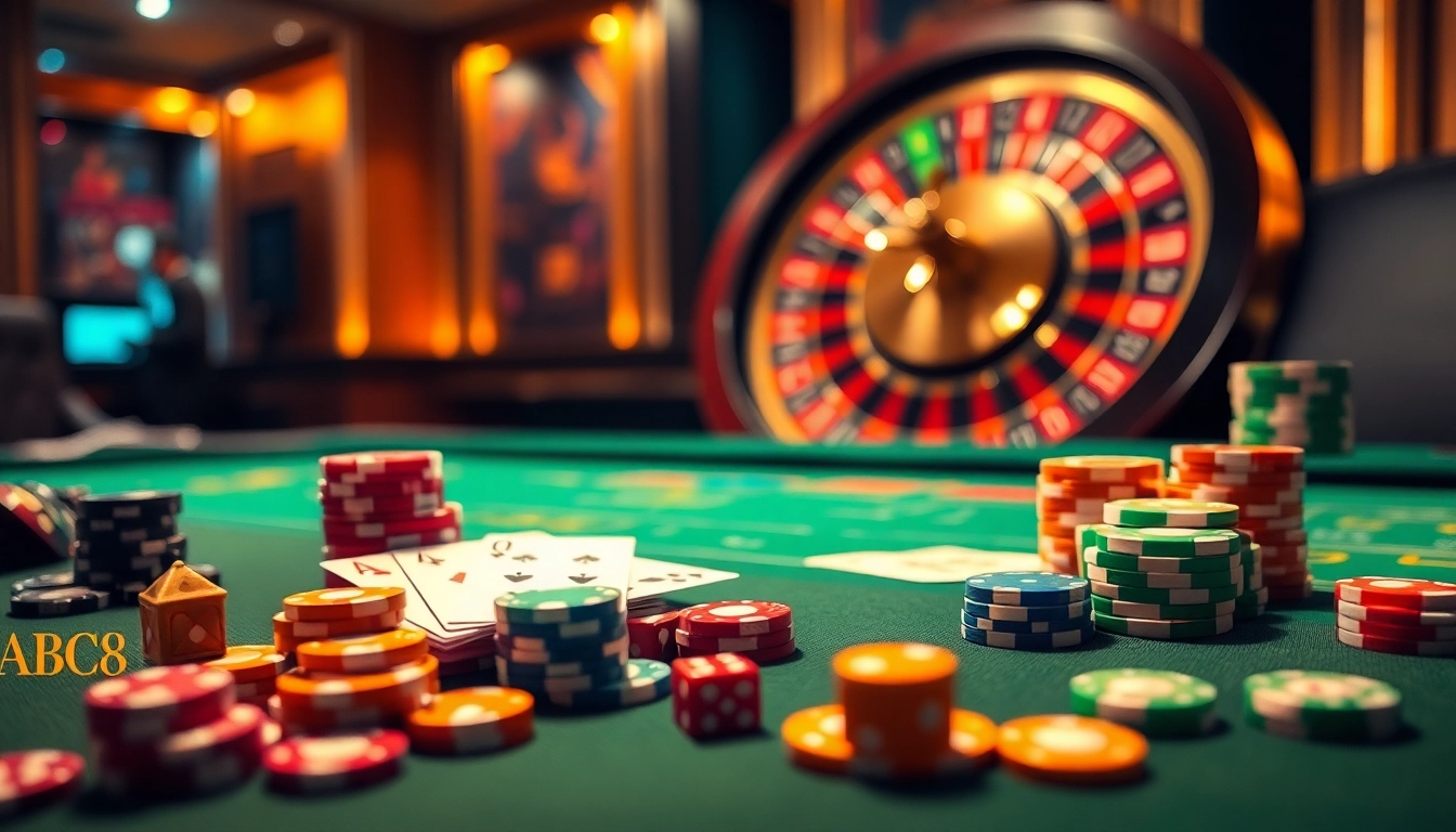 Engage with thrilling casino games at ABC8, featuring poker chips, cards, and a roulette wheel.