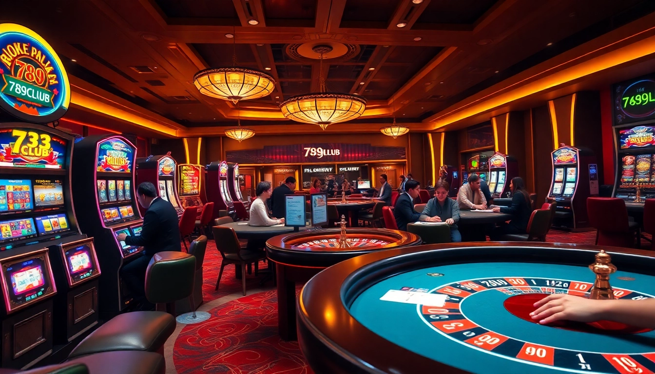 Exciting players at the 789CLUB casino enjoying poker and vibrant slot machines.