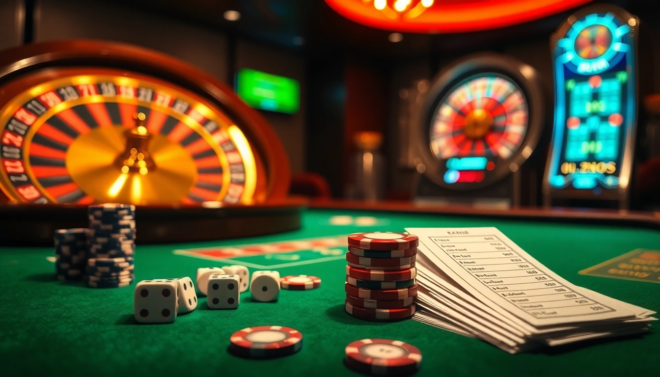 Gambling excitement with lô kép miền bắc on a luxurious casino table filled with poker chips and dice.