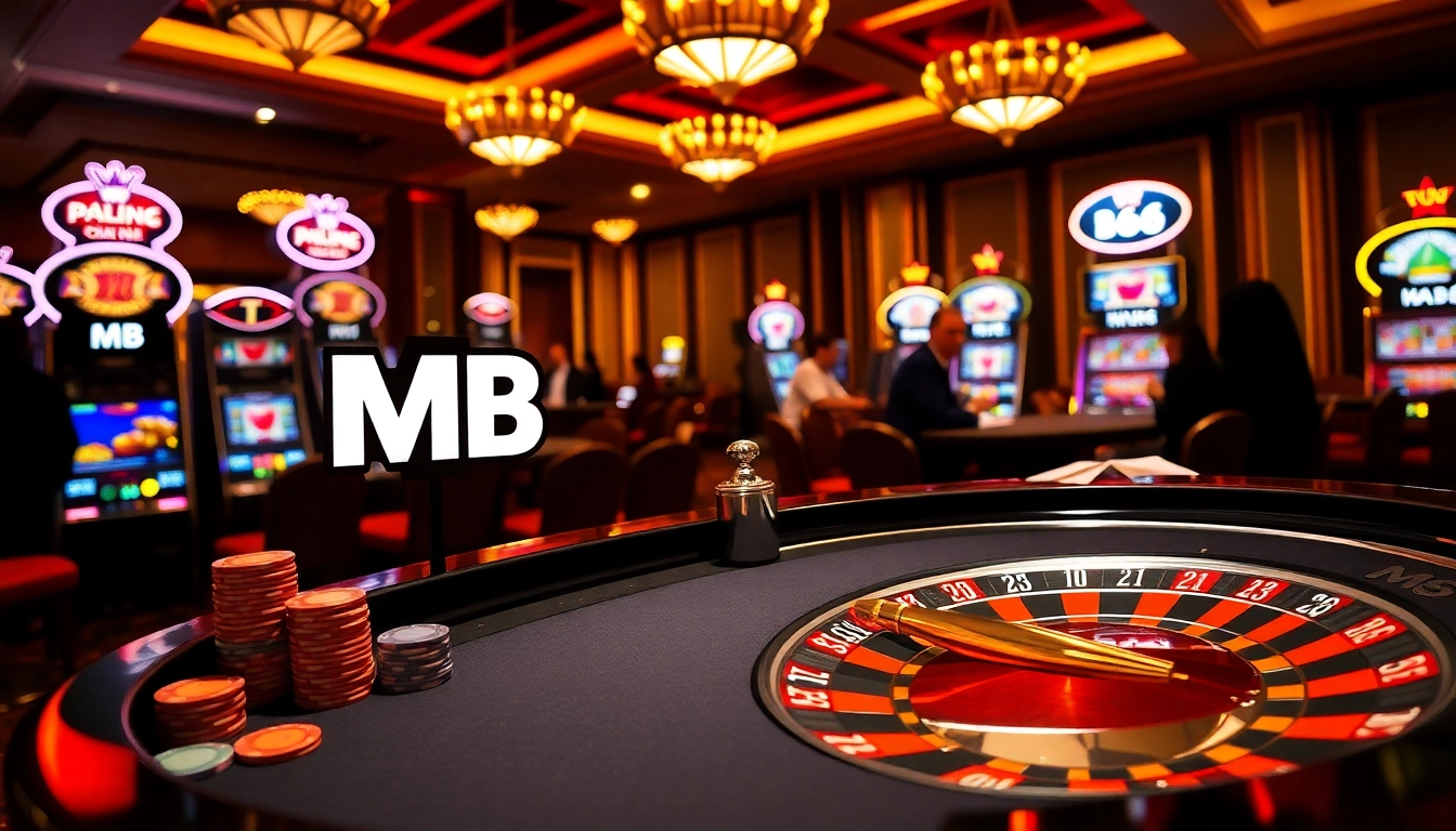 MB66 casino scene featuring roulette wheel, poker chips, and vibrant slot machines.