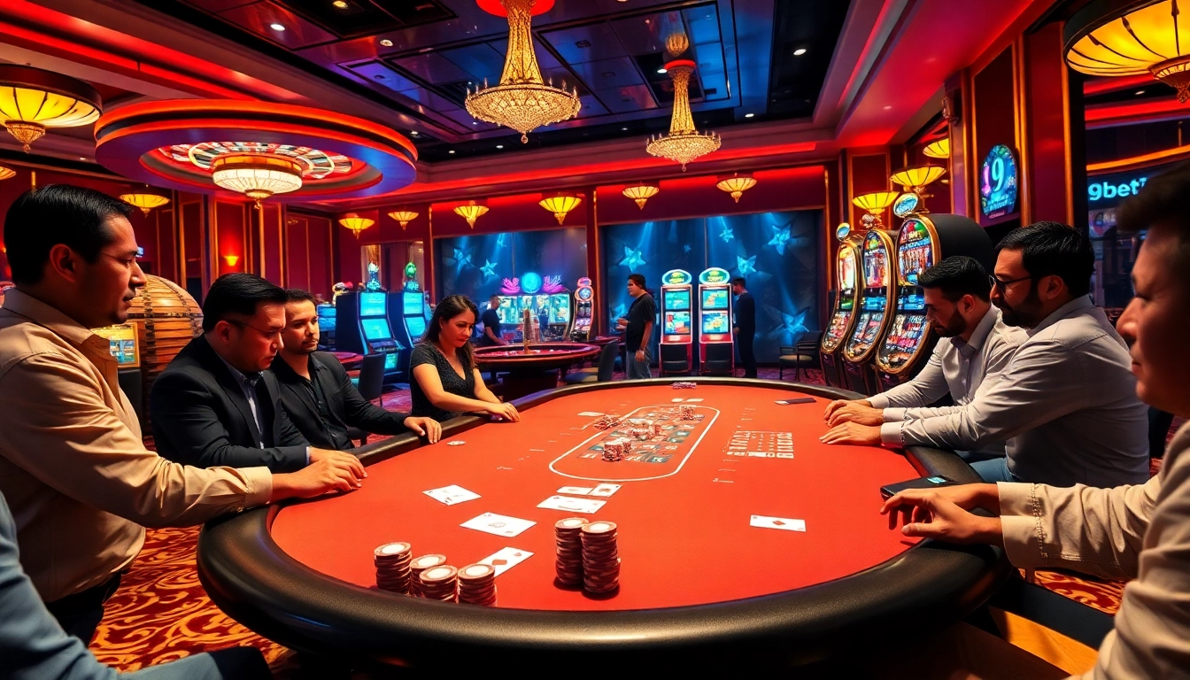 i9bet players engage at a lively casino table with poker chips and vibrant slot machines.
