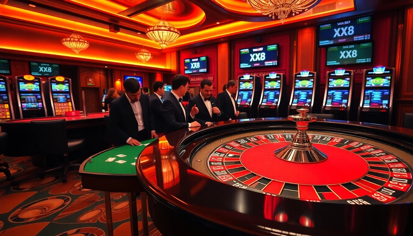 Players enjoying games at XX88's luxurious casino, featuring roulette and slot machines.