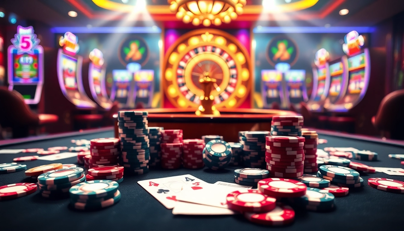 Experience NK88 win at a stylish casino table with vibrant chips and engaging online gaming elements.