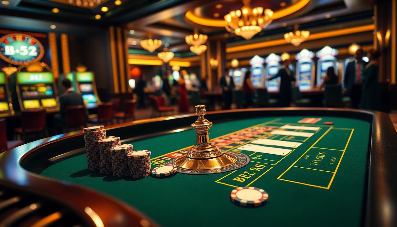 B52-themed casino table with poker chips and an elegant roulette wheel in a luxurious setting.