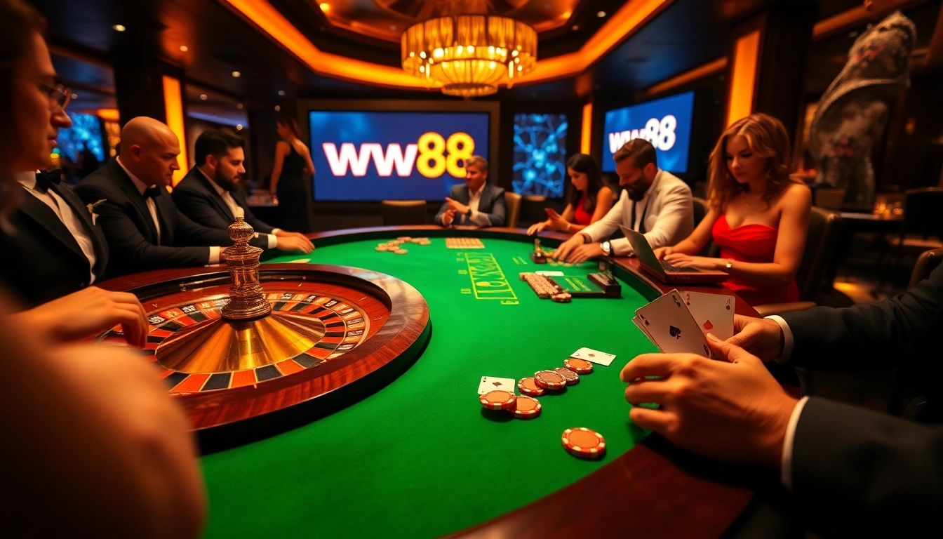 Exciting gameplay at the ww88 casino, featuring a roulette table and lively players.